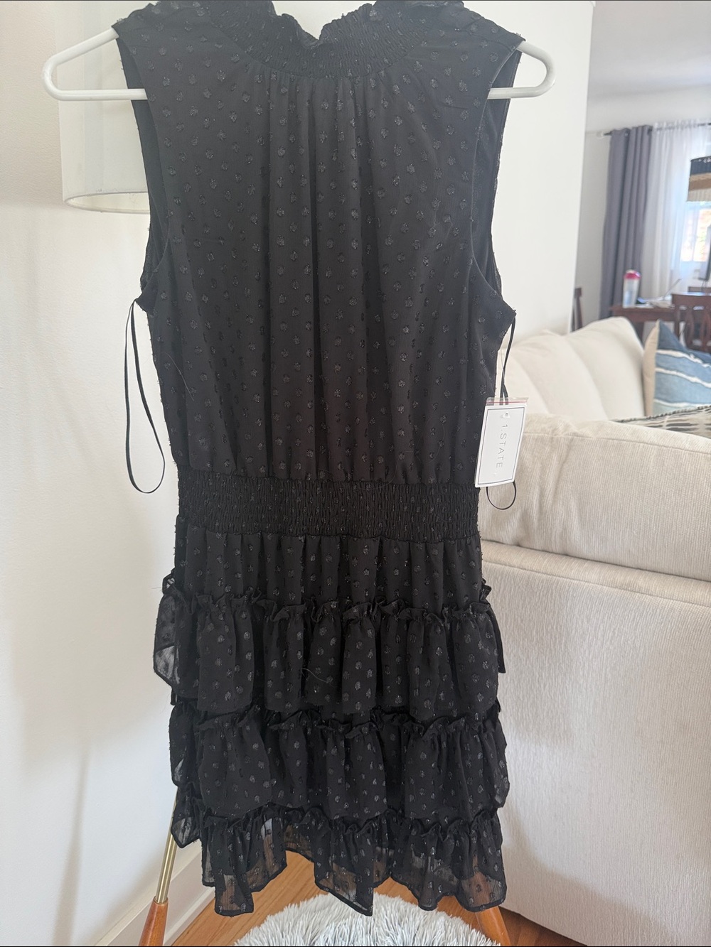 1. State Black Sleeveless Smocked-Waist Tiered Midi Dress